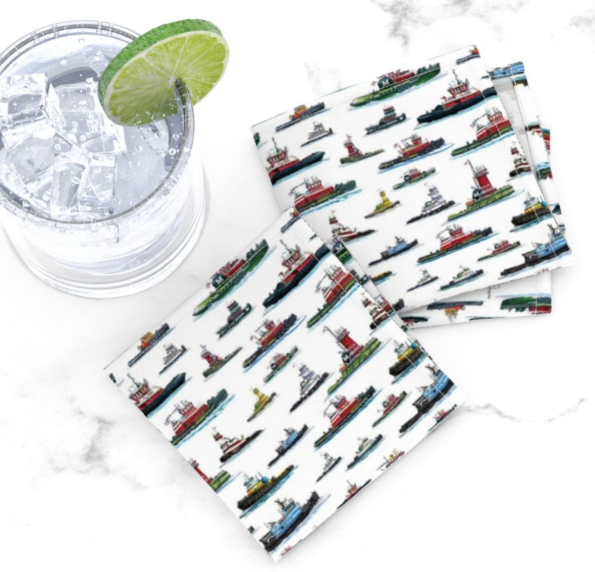 Tugboat Print Fabric Cocktail Napkins (Set of 4)