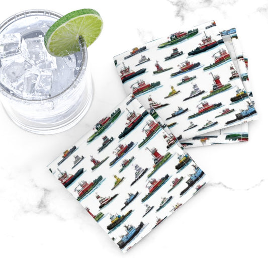 Tugboat Print Fabric Cocktail Napkins (Set of 4)