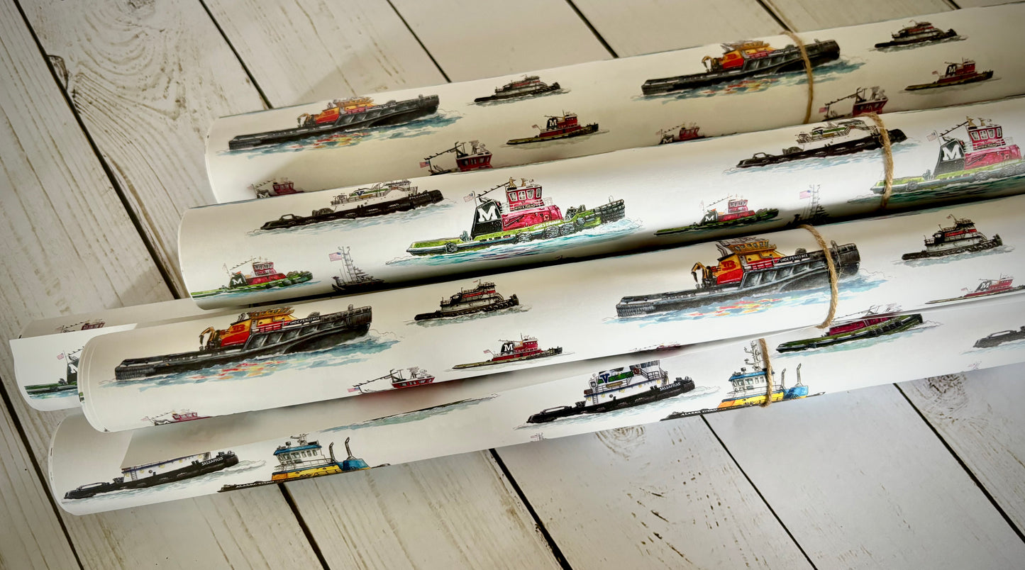 Tugboat Print Gift Wrap 20" x 29" Sheets (3 sheets in a roll)